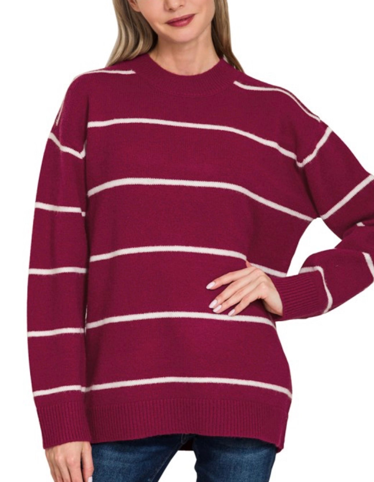 Stripe Classic Boyfriend Sweater Dark Red