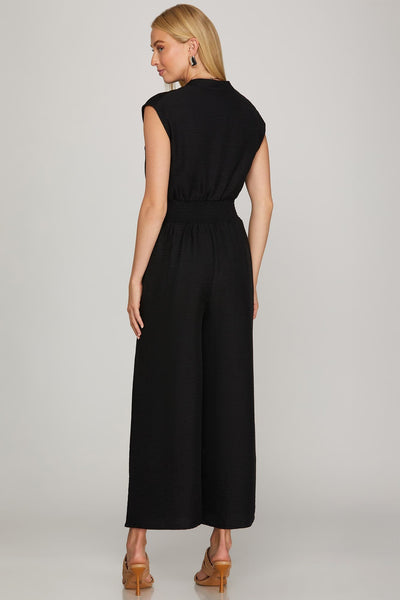 Woven Smocked Waist Jumpsuit Black