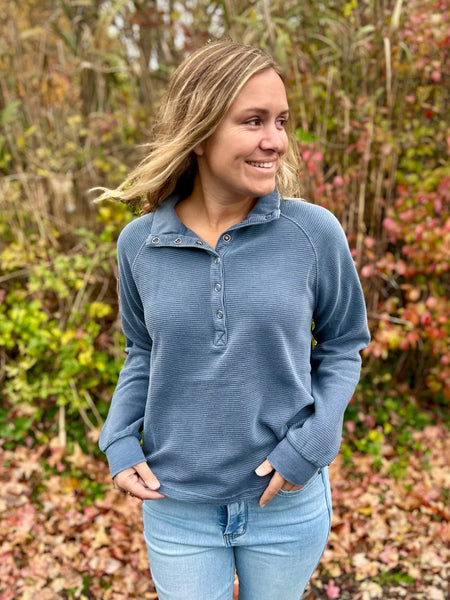 Elevated Basics Snap Henley Pullover Denim