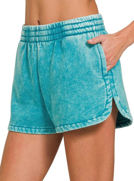 French Terry Acid Wash Pocket Short Teal