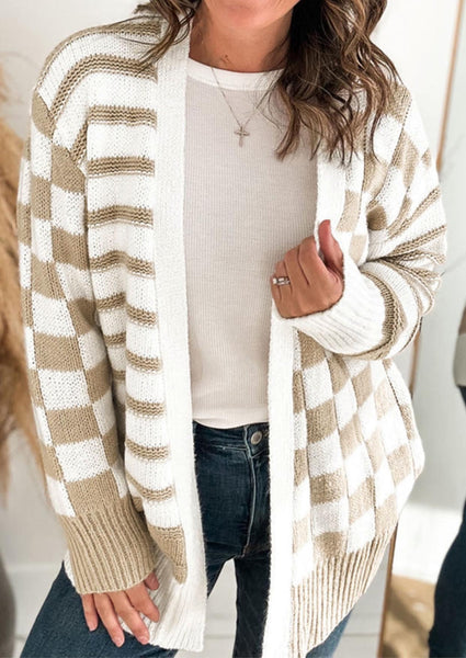 Khaki Ivory Stripe Knit Checkered Cardigan