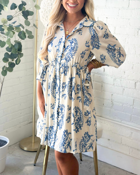 Paris Paisley Button Down Dress Blue Mix