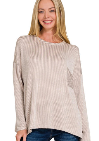 Ribbed Striped Long Sleeve Top Beige