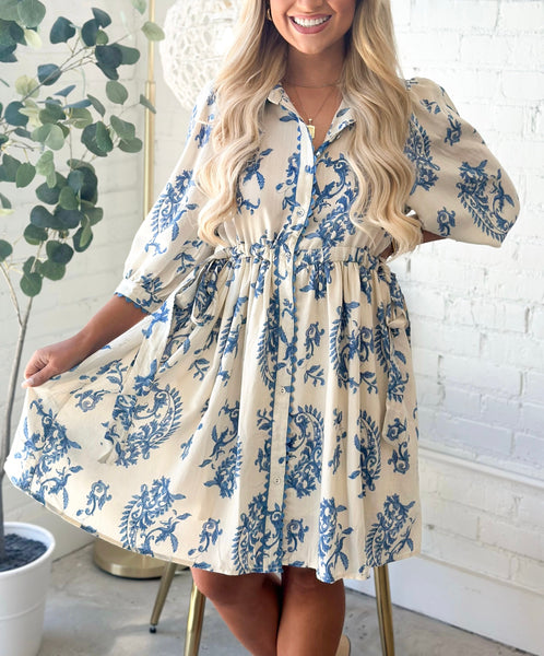 Paris Paisley Button Down Dress Blue Mix