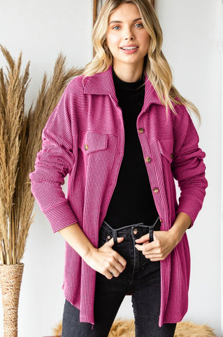 Textured Button Down Shirt Jacket Hot Pink