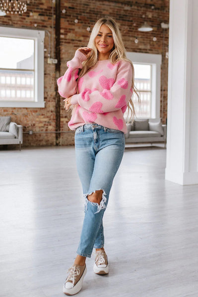 Light Pink Fuzzy Knit Heart Sweater