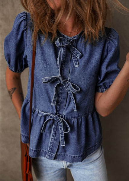 Tie Front Bubble Sleeve Peplum Dark Denim Shirt