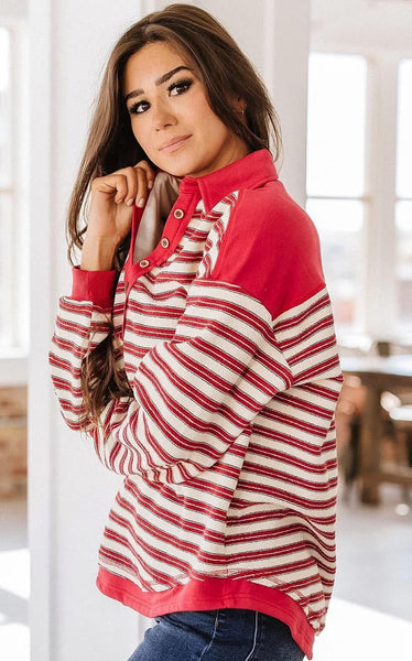 Red Striped Collared Relaxed Fit Top