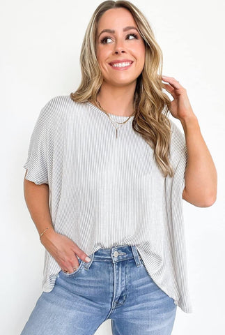 Ribbed Striped Short Sleeve Top Grey
