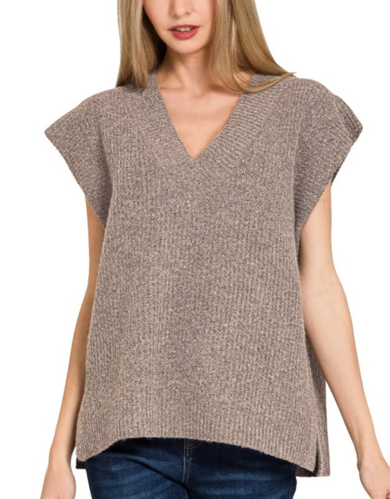 V Neck Boxy Sweater Vest Mocha