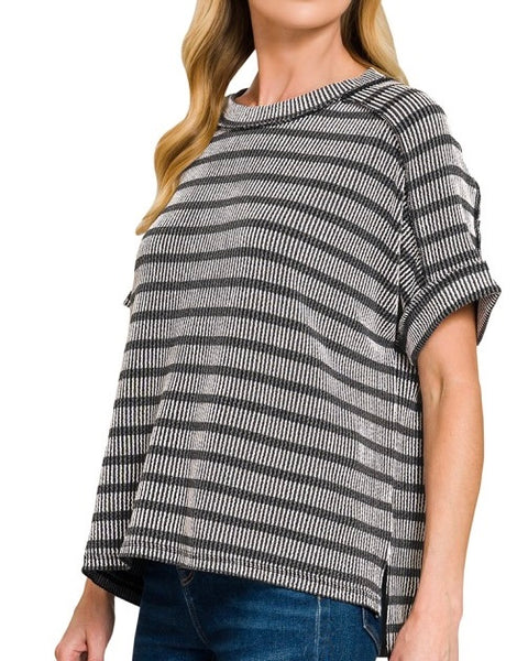 Stripe Two Tone Textured Top Black