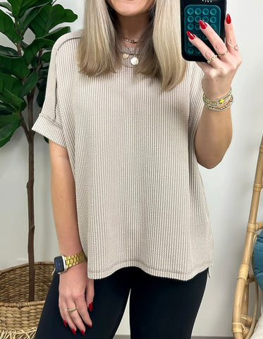 Corded Ribbed Cuffed Sleeve Top Beige