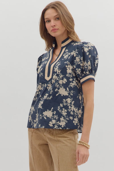Midnight Blue Floral Puff Sleeve Top