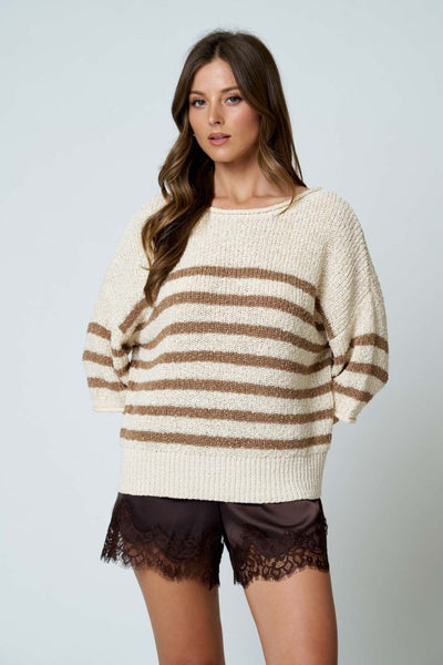 Stripe Knit Half Sleeve Sweater Mocha