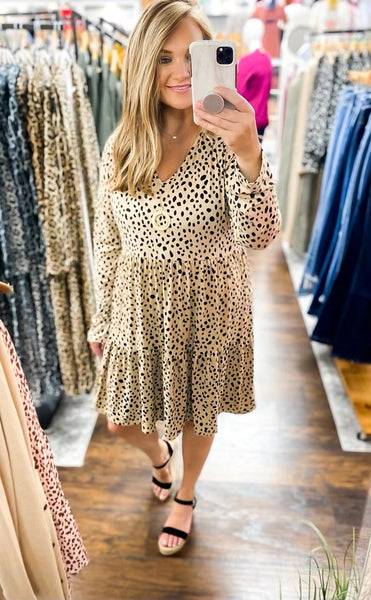 Taupe Dotted Leopard Long Sleeve Ruffle Dress