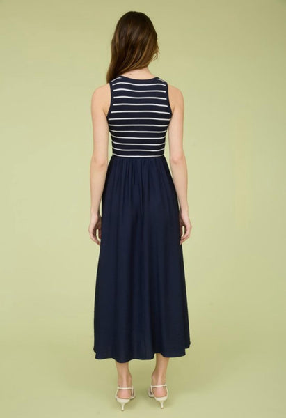 Navy Stripe Mixed Media Midi Dress