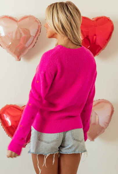 Hot Pink Embroidered Heart Print Sweater