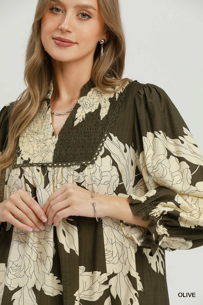 UMGEE Hampton Leaf Print Top Olive