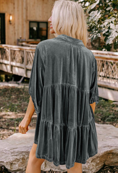 Dark Grey Ruffle Velvet Tunic Top