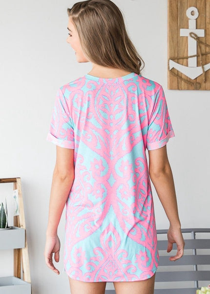 Aqua Pink Printed V Neck Top