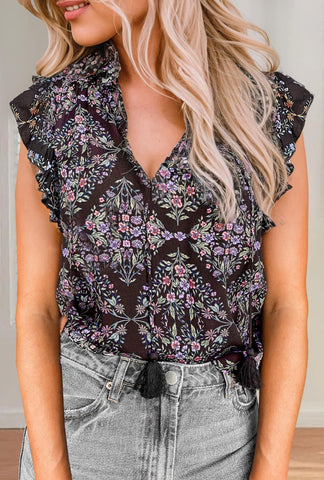 Whimsy Black Floral Ruffle Sleeve Top