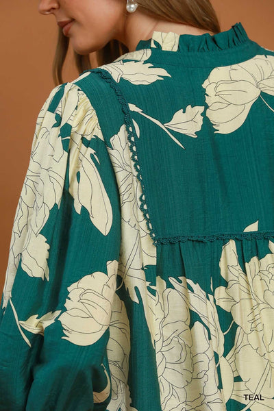 UMGEE Hampton Leaf Print Top Teal