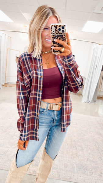 Flannel Plaid Button Down Wine