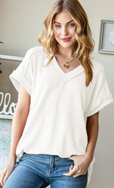 Ribbed V Neck Top Ivory