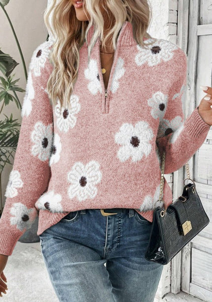 Rose Floral Half Zip Sweater Pullover