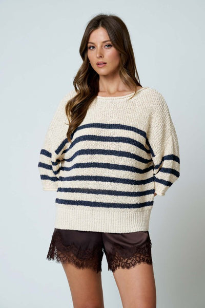 Stripe Knit Half Sleeve Sweater Midnight Blue