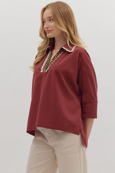 Merlot Leopard & Lace Collared Top