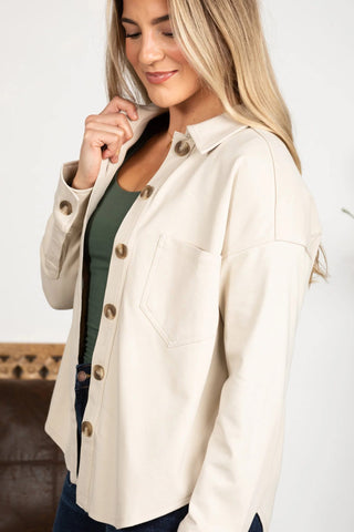 Solid Button Down Shacket Beige