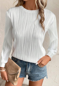 Long Sleeve Solid Textured Top White