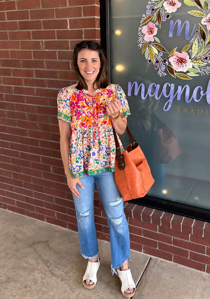 UMGEE Mixed Print Smocked Shoulder Top