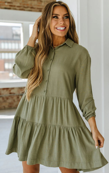 Dusty Green Tiered Button Shirt Dress