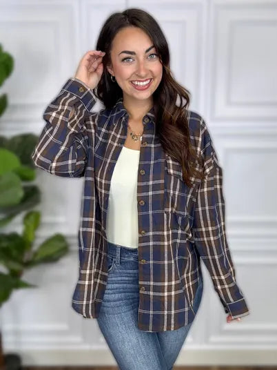 Flannel Plaid Button Down Blue Mix
