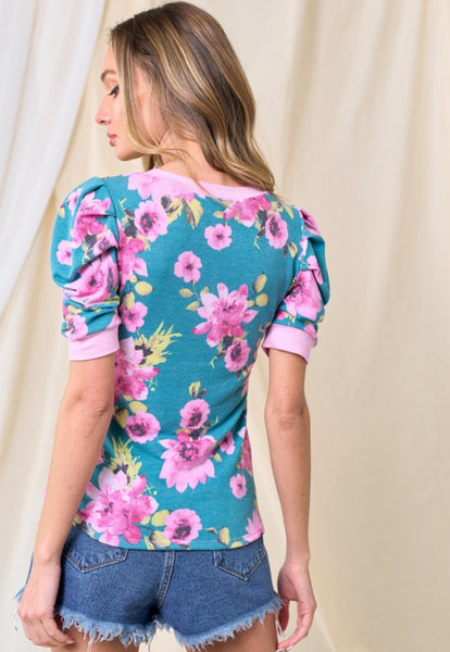 Teal Pink Mix Floral Puff Sleeve Top