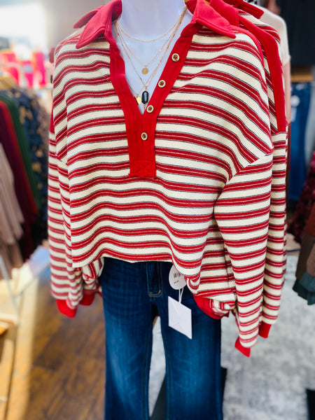 Red Striped Collared Relaxed Fit Top