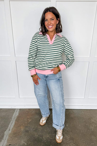 Stripe Contrast Collar Top Green Pink