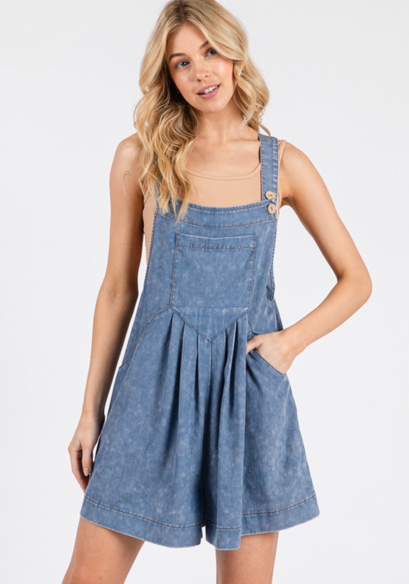 Mineral Washed Denim Overall Romper