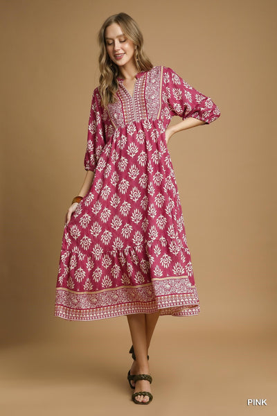 UMGEE Border Print Midi Dress Pink Mix