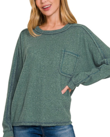 Jade Cozy Knit Ribbed Pocket Sweater