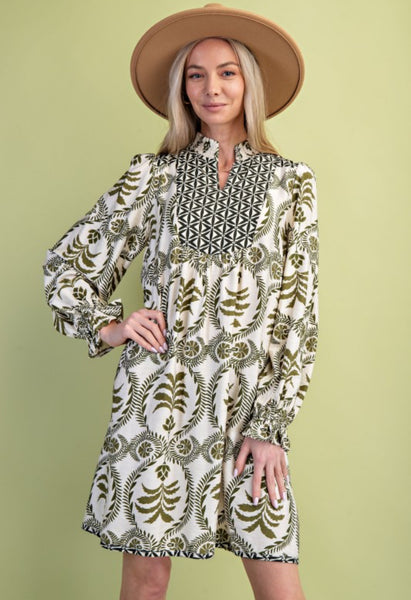 Mollie Printed V Neck Dress Green Mix