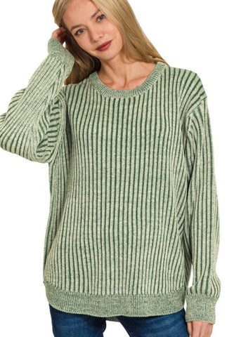 Curved Hem Two Tone Sweater Dark Green