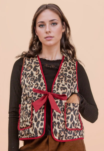 Leopard Red Trim Quilted Vest