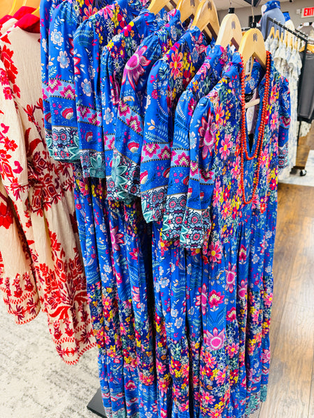 Mixed Print Tiered Dress Cobalt Blue Mix