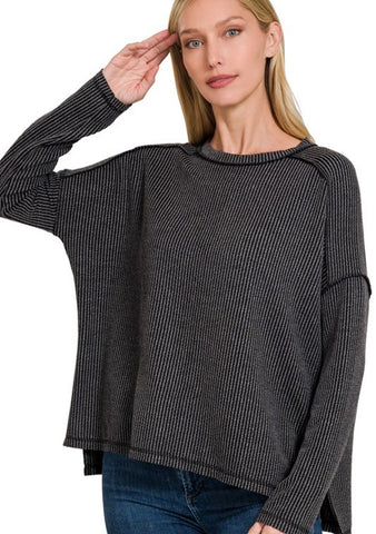 Ribbed Knit Long Sleeve Top Charcoal