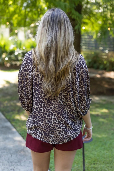 Luxe Leopard Popover Top Wine Mocha
