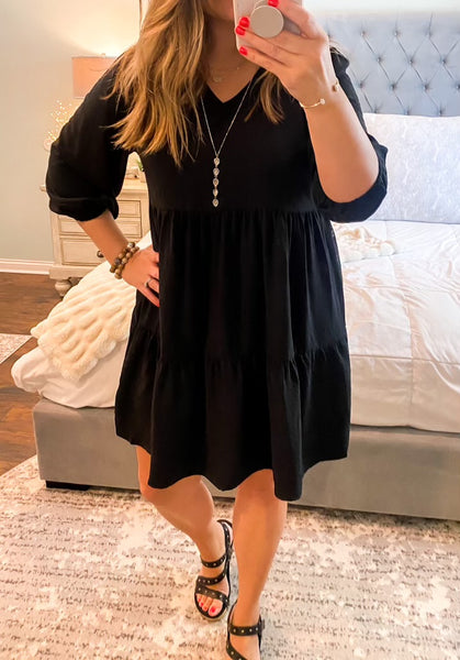 UMGEE V Neck 3/4 Sleeve Tiered Dress Black