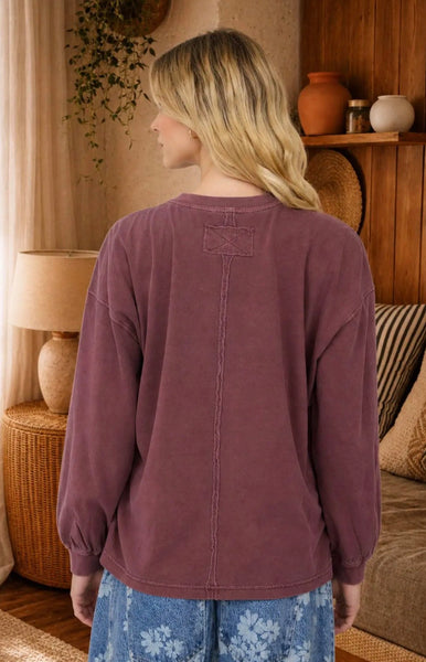 Washed Crew Long Sleeve Tee Maroon